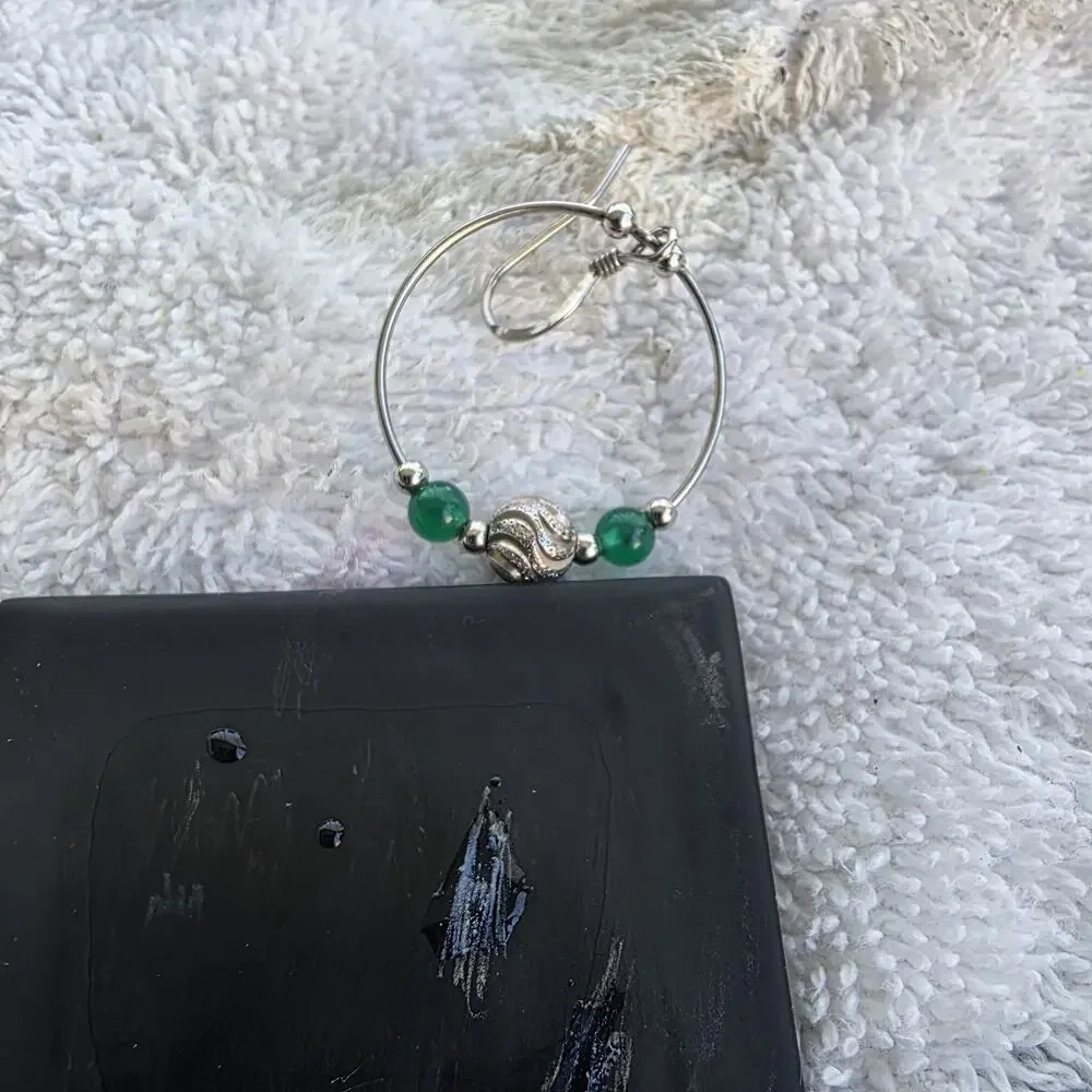 Solid 925 Sterling Silver Fine‎ Jewelry Round Hoop Earrings green Aventurine new